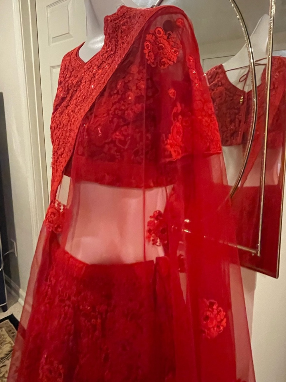Red Embroidered Three Piece Lehenga with Sheer Dupatta